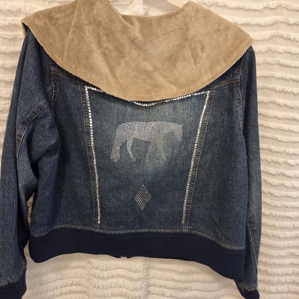 Vintage 90s Denim Jacket Equestrian Rhinestone Studded Womens 1X Zip Horse